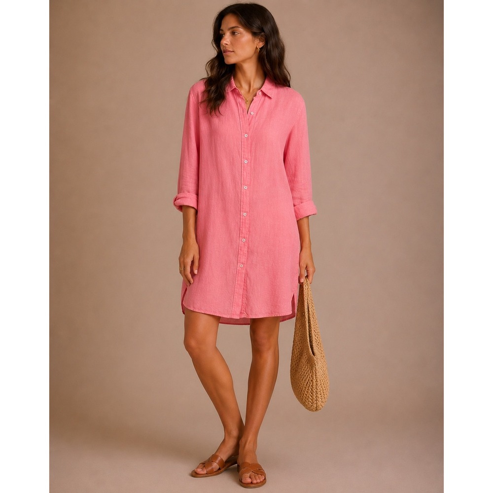 Pure Amici Pink 100% Linen Button Down Tunic Coverup with Pockets Womens Large